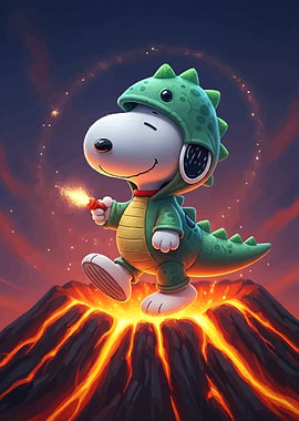 Snoopy in Dinosaur Costume on Volcano