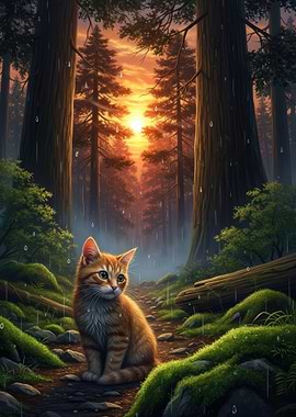 Kitten in a Rainy Forest Sunset
