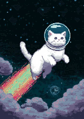 Astronaut Cat Riding a Rainbow