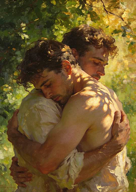Two men embracing in nature