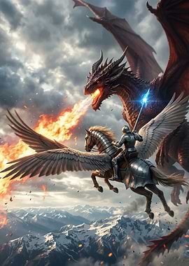 Knight on Pegasus battles dragon