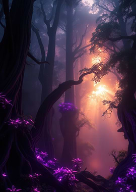 Enchanted Forest with Purple Flowers