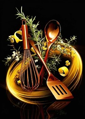 Copper Kitchen Utensils with Herbs and Light