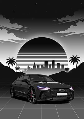 Retro Black Audi RS7 Cityscape Sunset