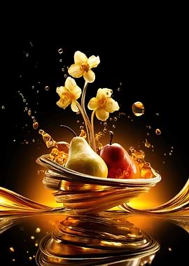 Golden Pears and Flowers in Liquid