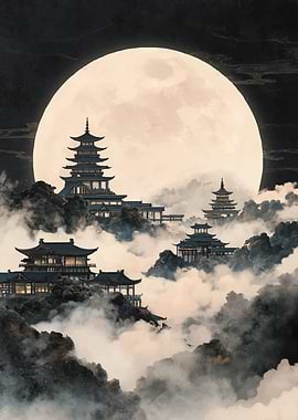 Pagodas in the Clouds Under a Full Moon