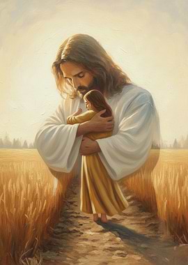 Jesus embracing a child in a wheat field