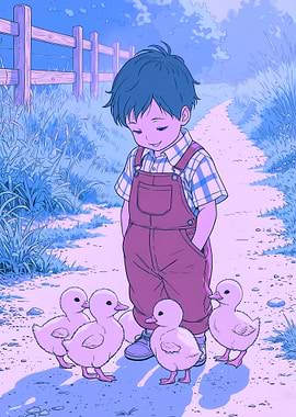 Boy with Ducklings on a Path