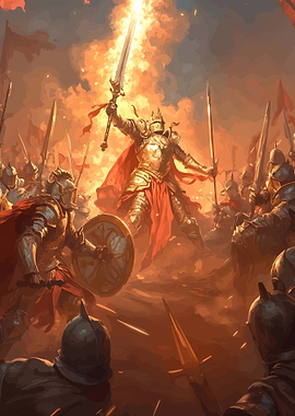 Knight King Raises Flaming Sword