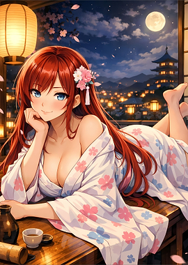 Anime Girl in Yukata at Night