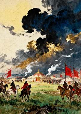 Mongol Camp Under Stormy Skies