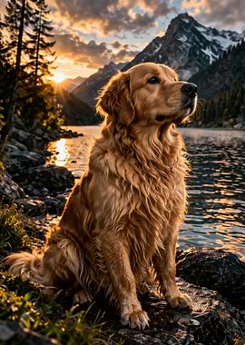 Golden Retriever by a Mountain Lake at Sunset