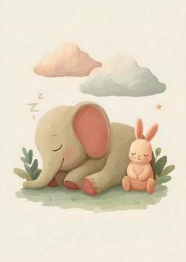 Sleeping Elephant and Bunny with Clouds