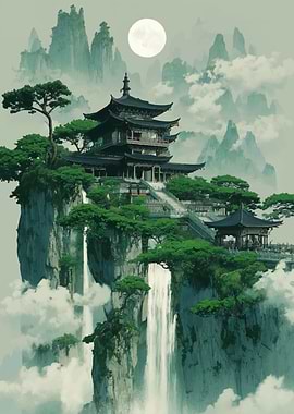 Misty Mountain Temple with Waterfalls