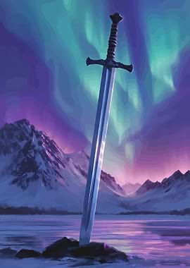 Sword in the Snow Under Aurora
