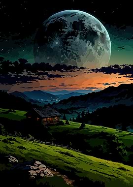 Cabin under a giant moon