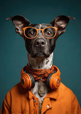 Dog Wearing Headphones and Glasses