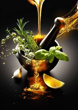Herbs and Oil in Mortar