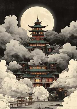 Mystical Asian Pagoda in Clouds