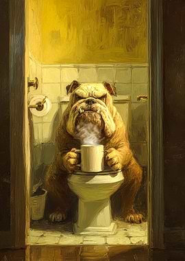 Bulldog on Toilet with Coffee