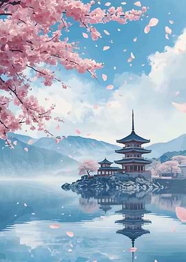 Serene Japanese Pagoda Cherry Blossoms