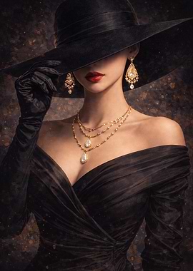 Elegant Woman in Black Hat and Dress