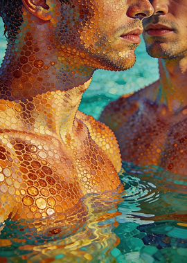 Two men in water with scaly skin