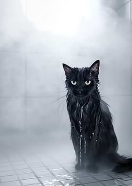 Wet Black Cat in Steam