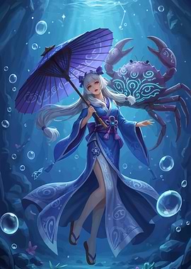 Anime Girl with Crab and Umbrella