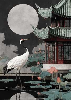 Crane and Pagoda by Moonlight