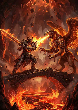Warrior Fights Griffin in Fiery Cavern