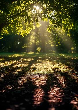 Sunlight filtering through trees onto a forest floor