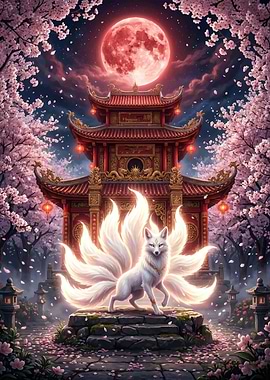 Nine-Tailed Fox Spirit Under Red Moon