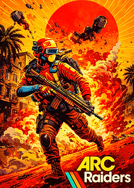 Arc Raiders Soldier in Fiery Cityscape