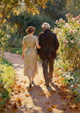 Couple walking in a garden