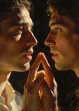 Two men in profile, hands touching