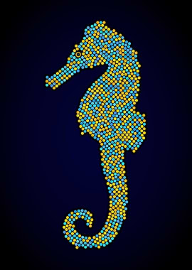 Seahorse Dot Art - Tropical Blue and Gold Seahorse Pointillism Design