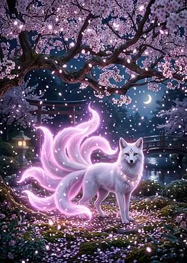 Magical Nine-Tailed Fox Under Cherry Blossoms