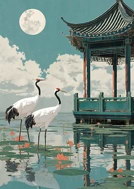 Cranes and Pagoda by the Moon
