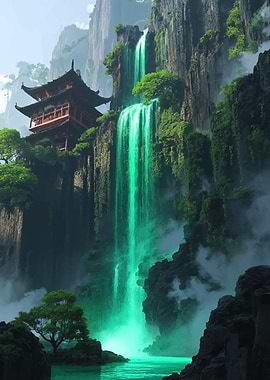Serene Asian Temple by Emerald Waterfall