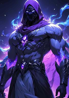 Muscular hooded figure with purple energy