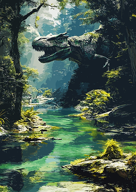 Dinosaur in a Lush Forest River