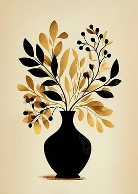 Black Vase with Gold and Black Leaves