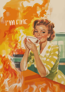 Woman in fire drinking coffee