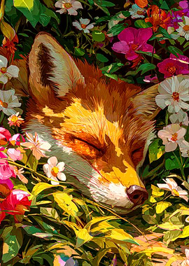 Sleeping Fox Among Flowers