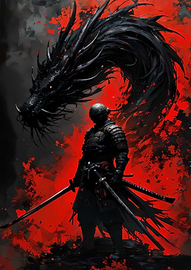 Samurai Warrior and Black Dragon