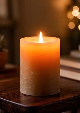 Lit Candle on Wooden Table