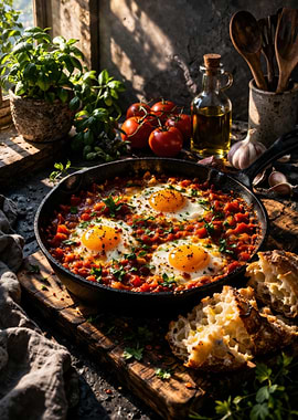 Shakshuka in a cast iron skillet