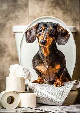 Dachshund on Toilet with Toilet Paper