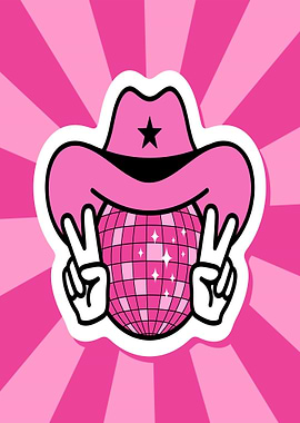 Pink Cowboy Hat Disco Ball Peace Sign